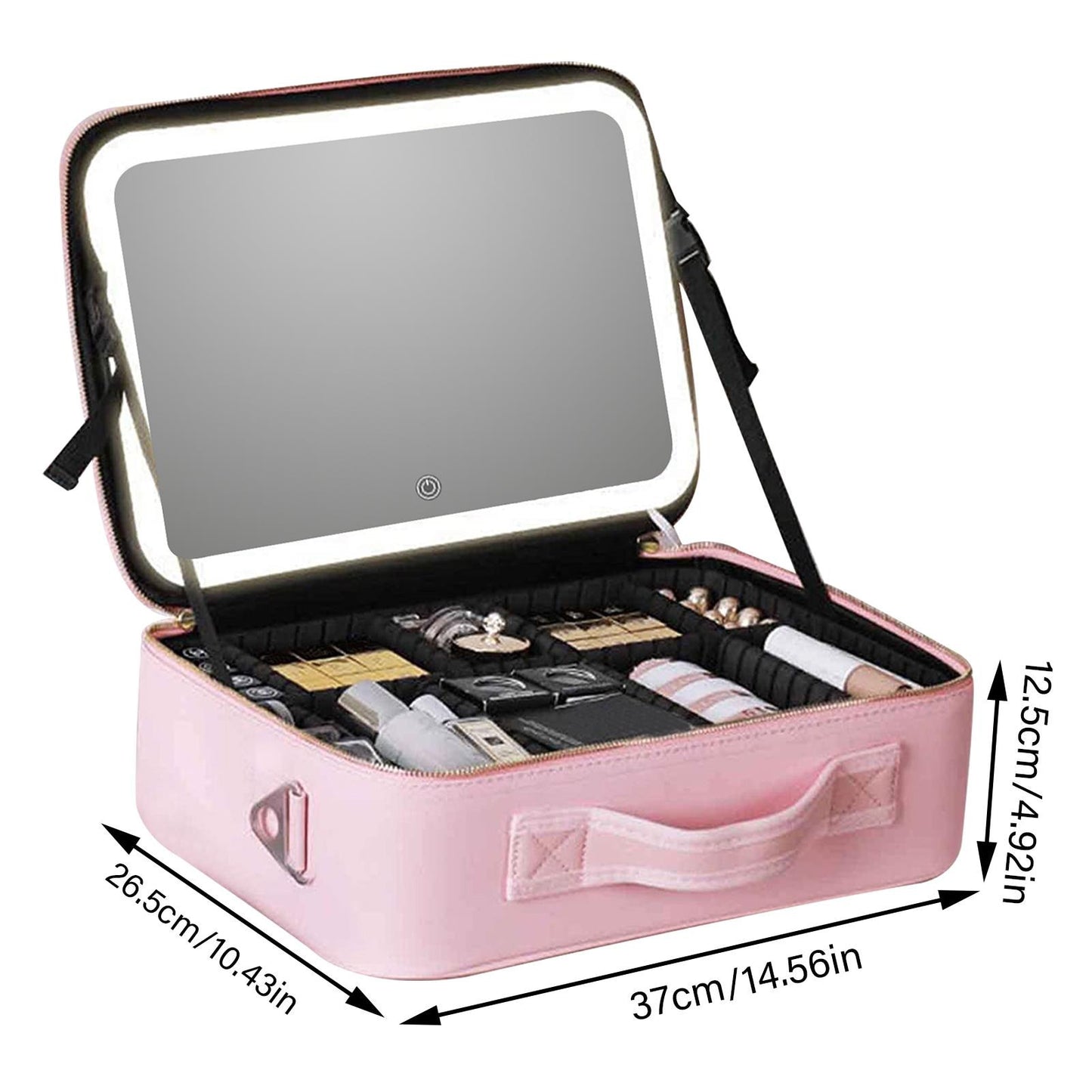 Makeup bag with adjustable, chargeable, LED mirror