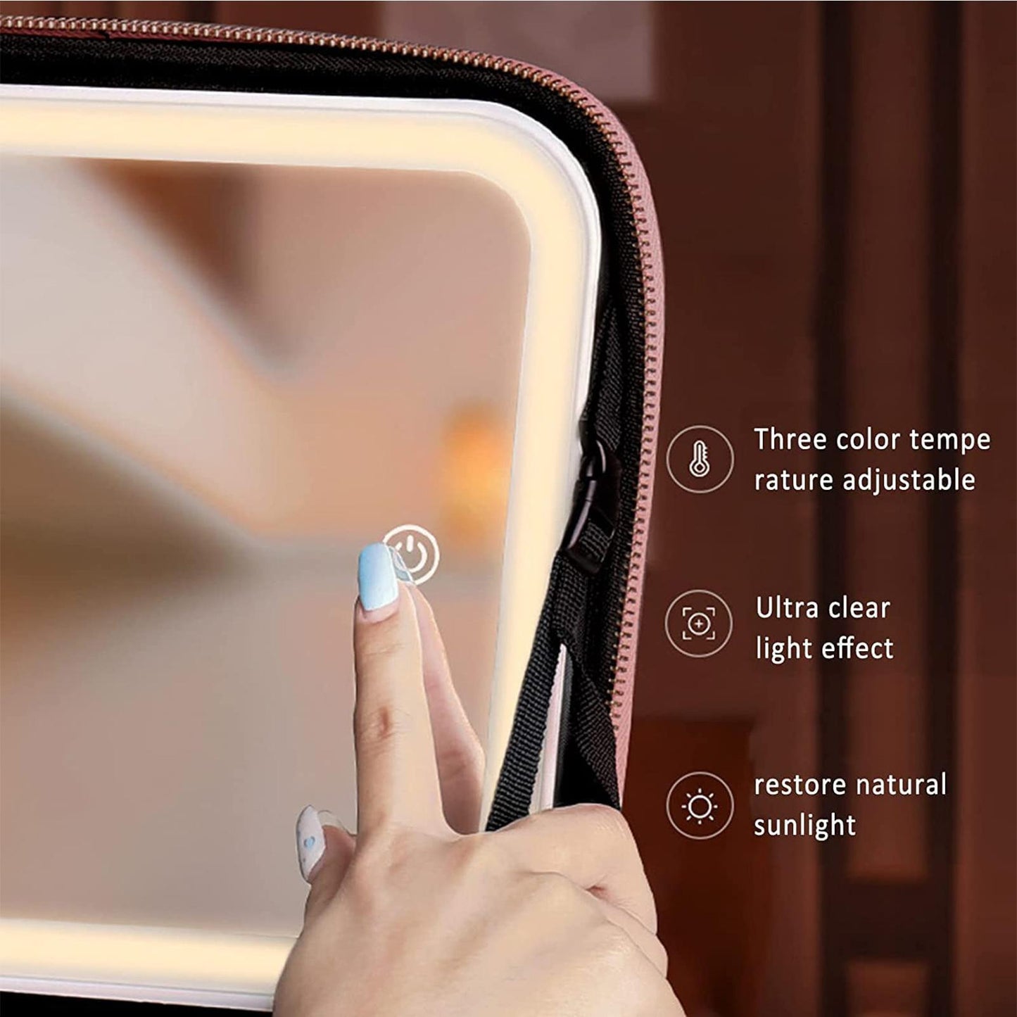 Makeup bag with adjustable, chargeable, LED mirror