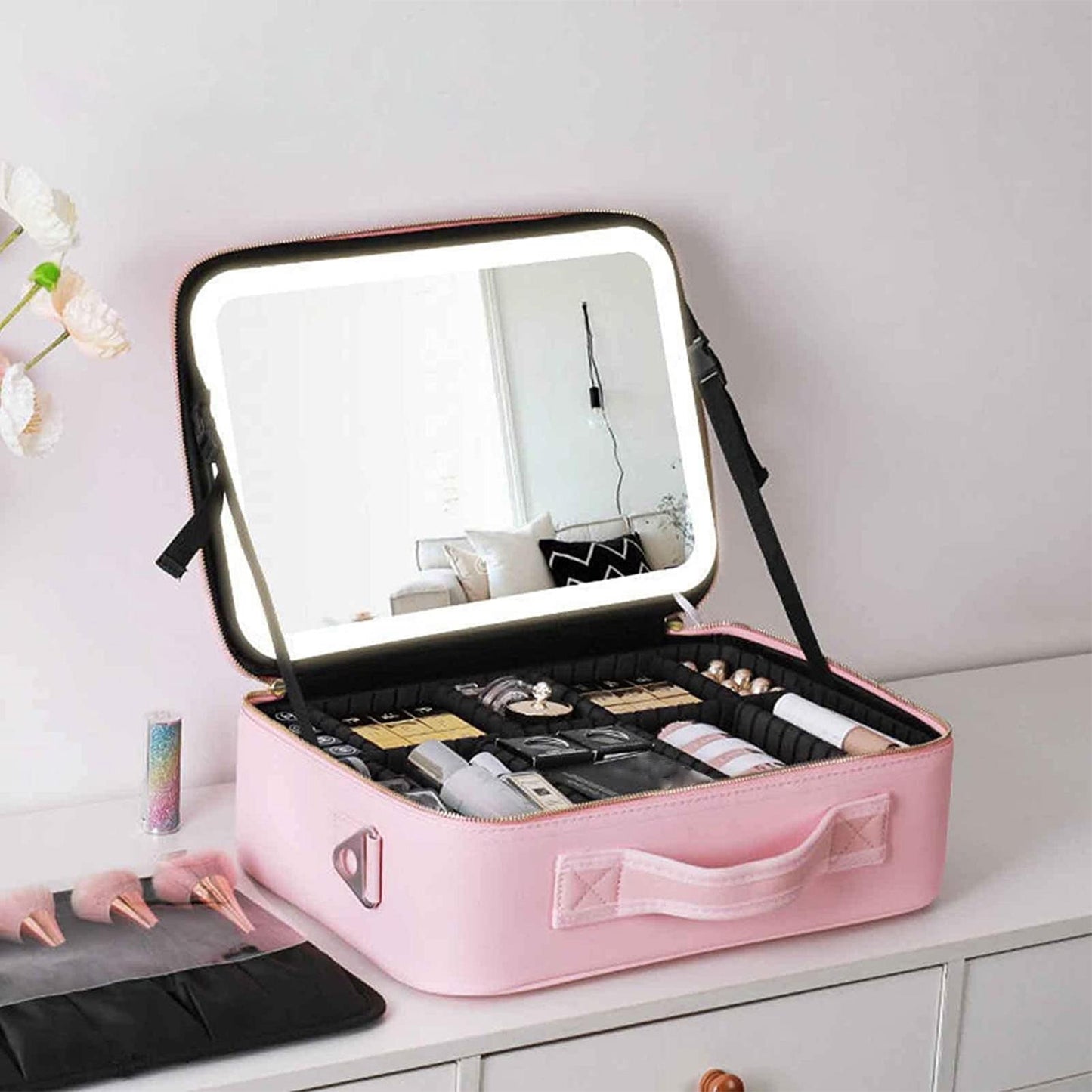 Makeup bag with adjustable, chargeable, LED mirror