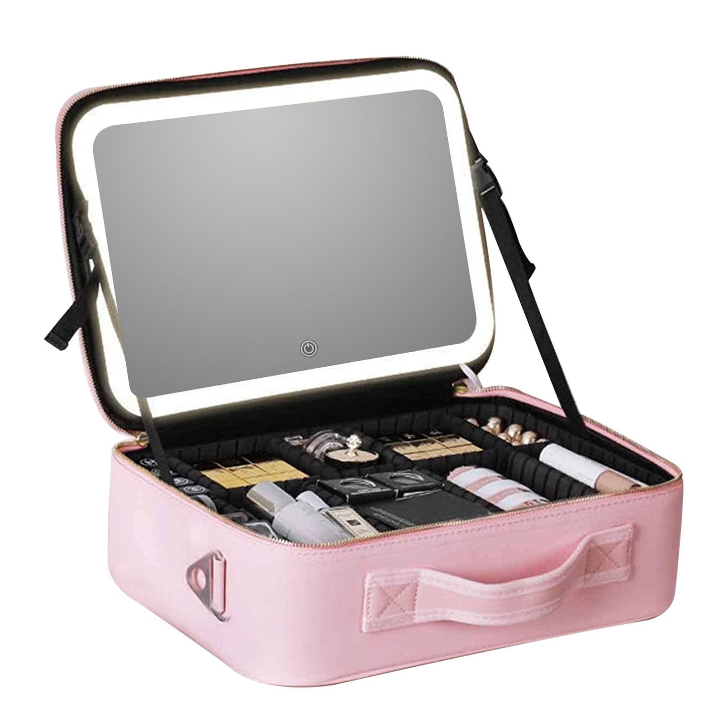 Makeup bag with adjustable, chargeable, LED mirror