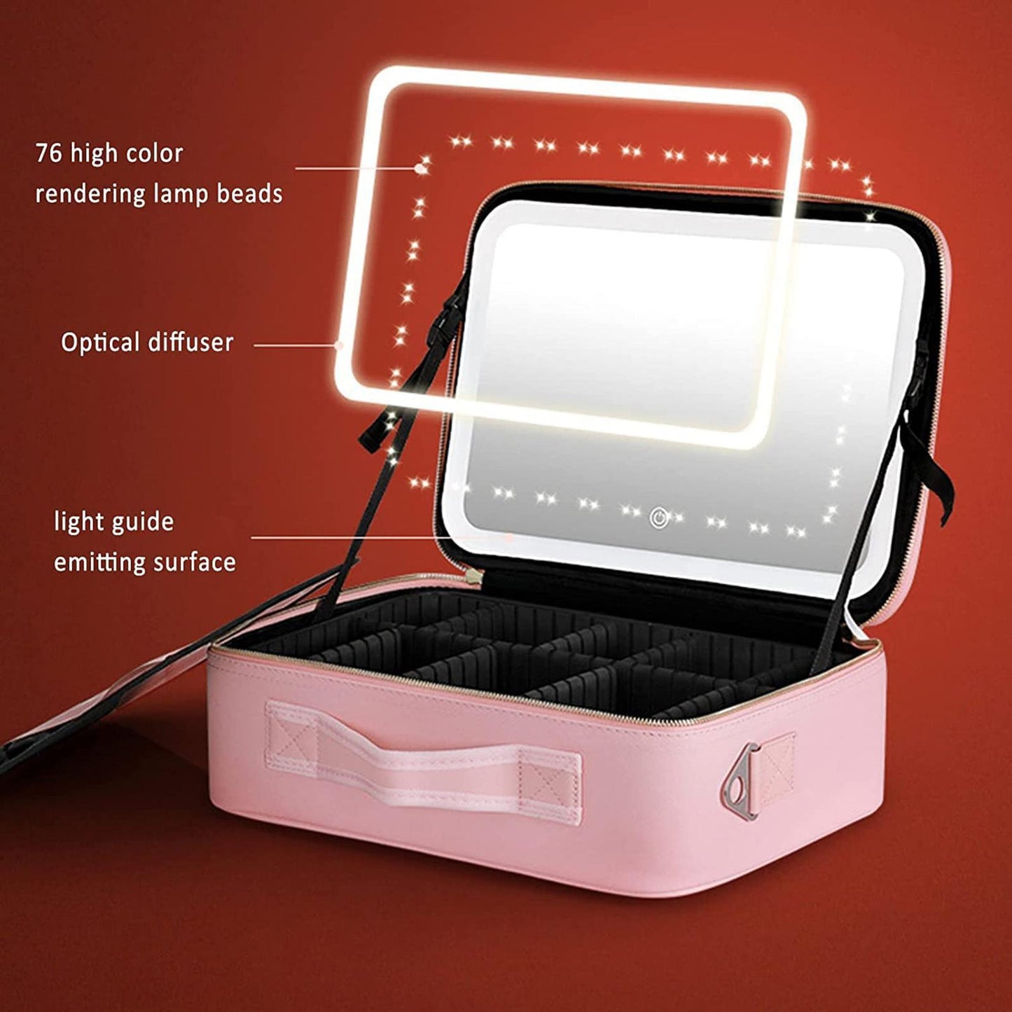 Makeup bag with adjustable, chargeable, LED mirror