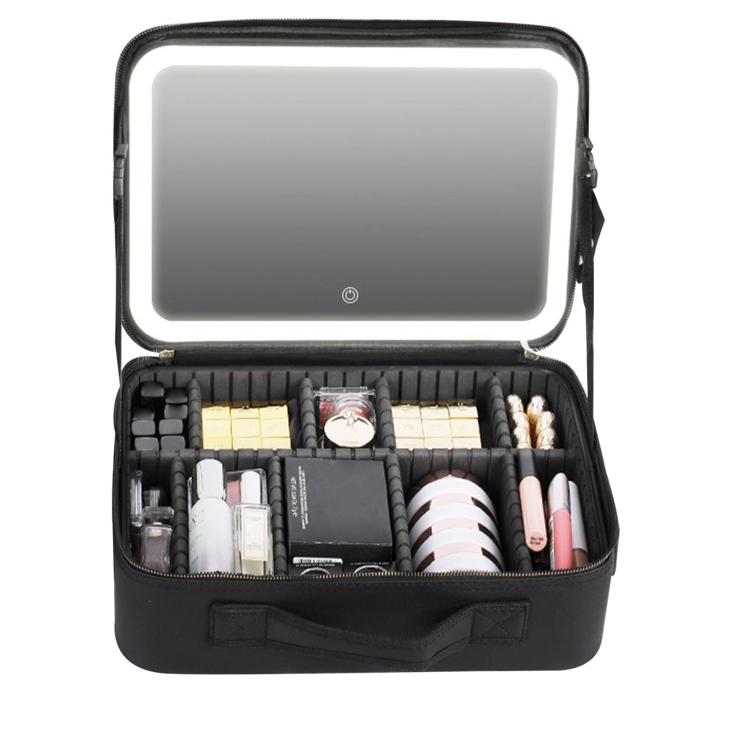 Makeup bag with adjustable, chargeable, LED mirror