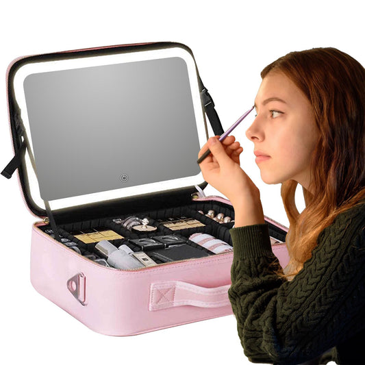 Makeup bag with adjustable, chargeable, LED mirror